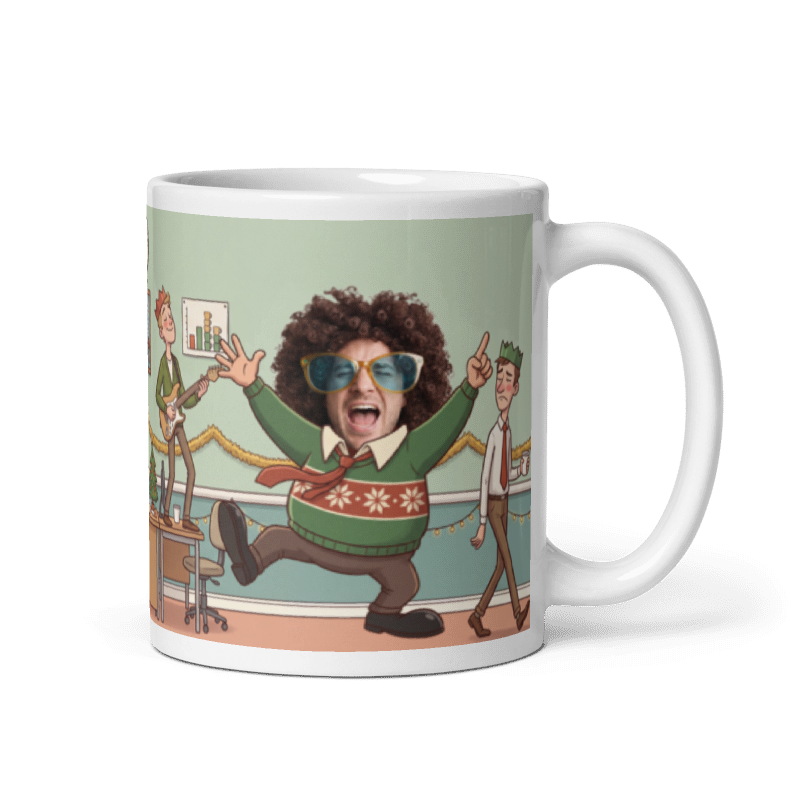 Christmas party photo mug for him with the handle on the right, a real face on the coworker owning the dancefloor