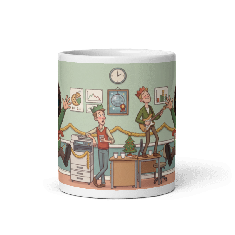 Back of the Christmas party mug for him showing the wraparound office scene with air guitar, a paper crown and a boombox