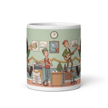 Back of the Christmas party mug for him showing the wraparound office scene with air guitar, a paper crown and a boombox