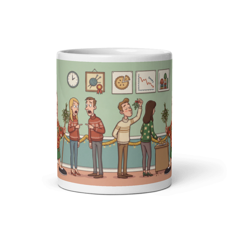 Back of the coworker mug showing the wraparound office party scene with two colleagues in matching Christmas sweaters
