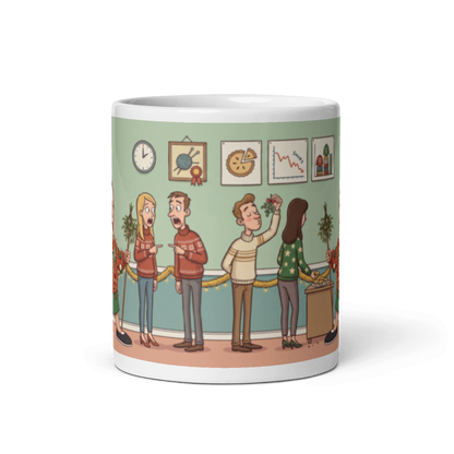 Back of the coworker mug showing the wraparound office party scene with two colleagues in matching Christmas sweaters
