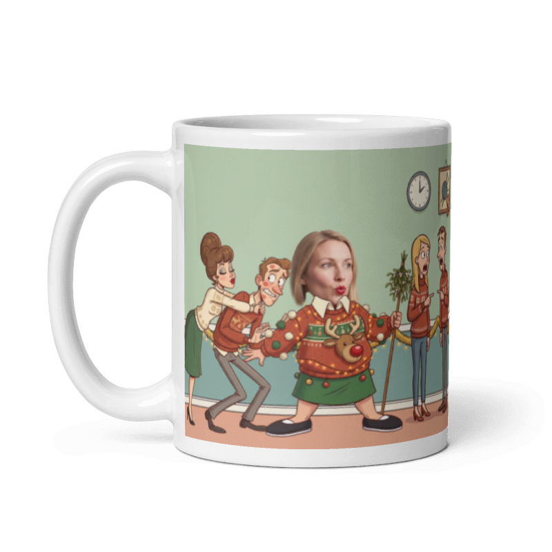 The same personalized coworker Christmas sweater mug with the handle on the left, the face still showing