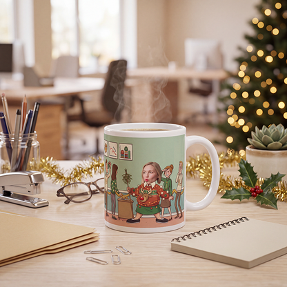 Personalized Christmas gift for coworkers steaming on an office desk with tinsel, holly and a notepad