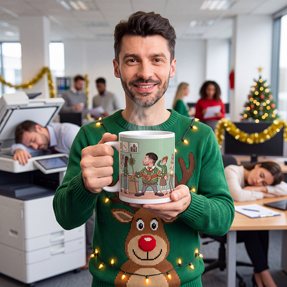 Man in a Christmas sweater holding a personalized Christmas gift mug for coworkers with colleagues asleep behind him