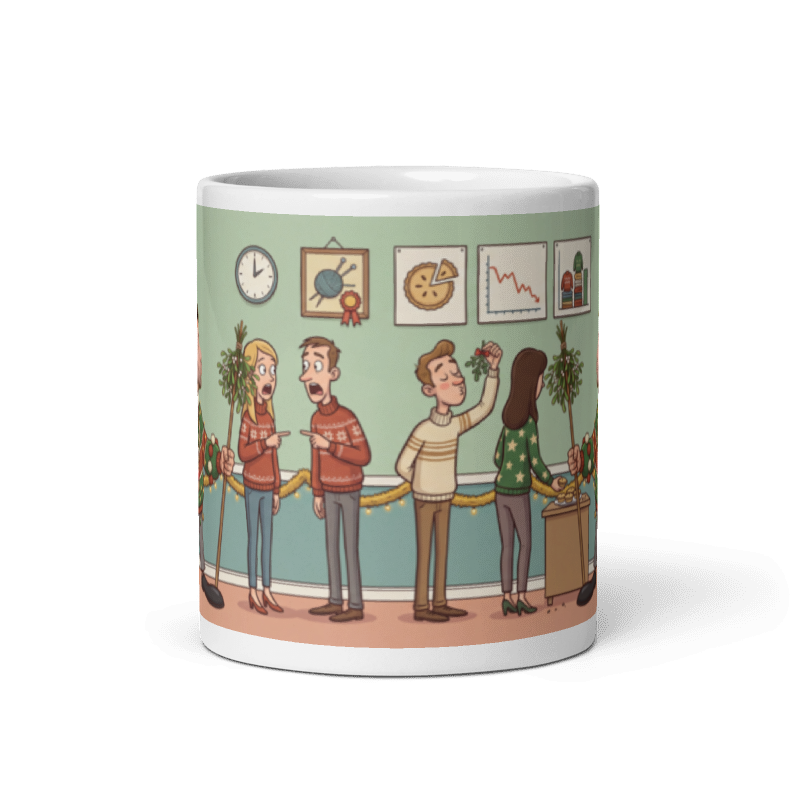 Back of the coworker mug for him showing the wraparound office party scene with two colleagues in matching Christmas sweaters