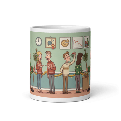 Back of the coworker mug for him showing the wraparound office party scene with two colleagues in matching Christmas sweaters