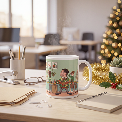 Personalized Christmas gift for male coworkers steaming on an office desk with tinsel, holly and a notepad
