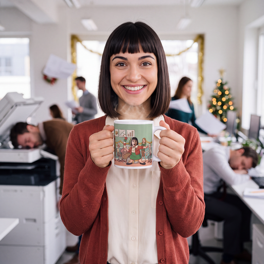Woman at the office Christmas party holding a personalized Secret Santa mug for coworkers