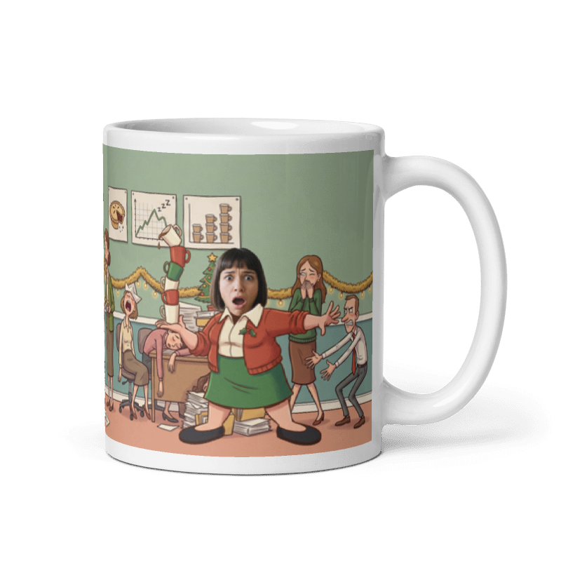 Secret Santa mug for coworkers with the handle on the right, a real face on the office worker carrying the coffee round