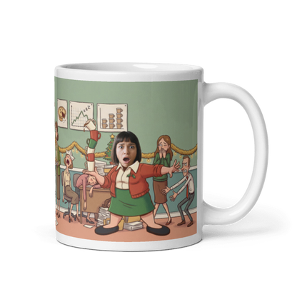 Secret Santa mug for coworkers with the handle on the right, a real face on the office worker carrying the coffee round