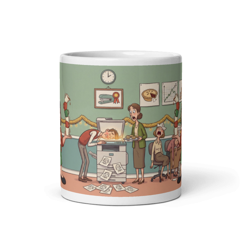 Back of the coworker mug showing the wraparound office party scene with a colleague face down on the photocopier
