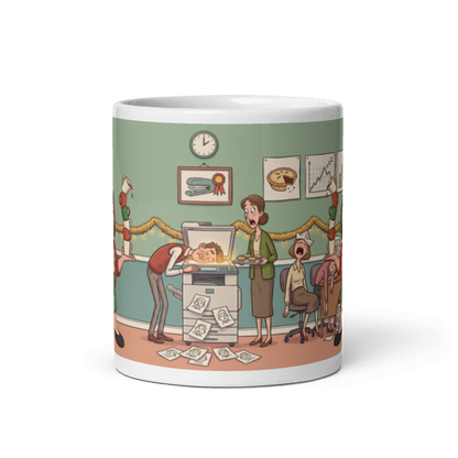 Back of the coworker mug showing the wraparound office party scene with a colleague face down on the photocopier