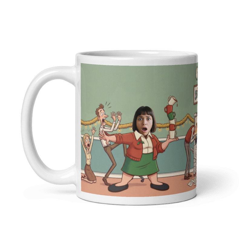 The same personalized coworker Christmas mug with the handle on the left, the face still showing