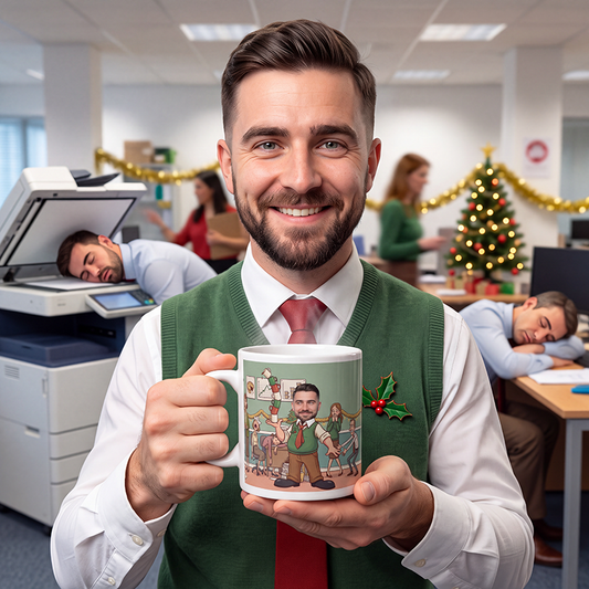 Man at the office Christmas party holding a personalized Secret Santa mug for coworkers
