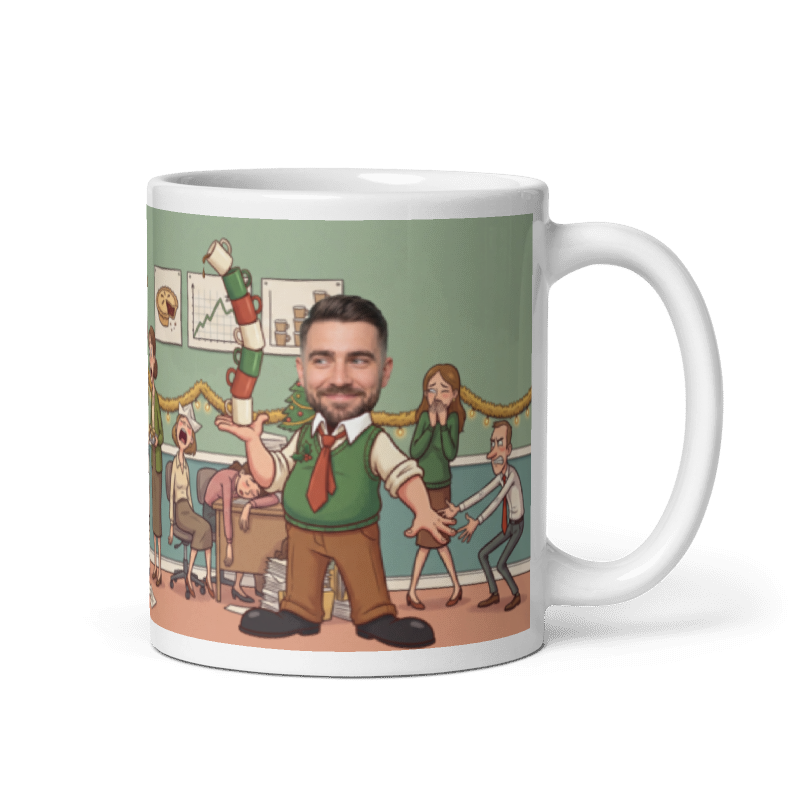 Secret Santa mug for male coworkers with the handle on the right, a real face on the office worker carrying the coffee round