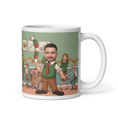 Secret Santa mug for male coworkers with the handle on the right, a real face on the office worker carrying the coffee round