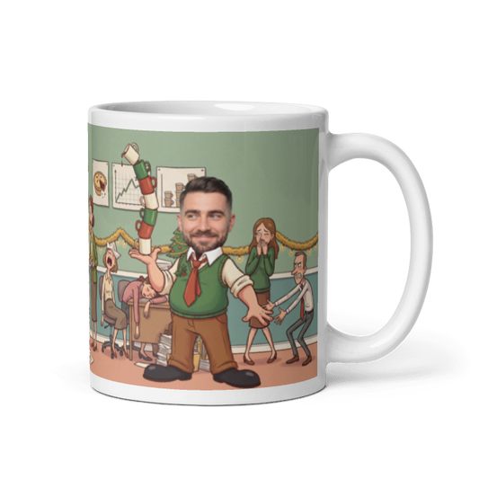 Secret Santa mug for male coworkers with the handle on the right, a real face on the office worker carrying the coffee round