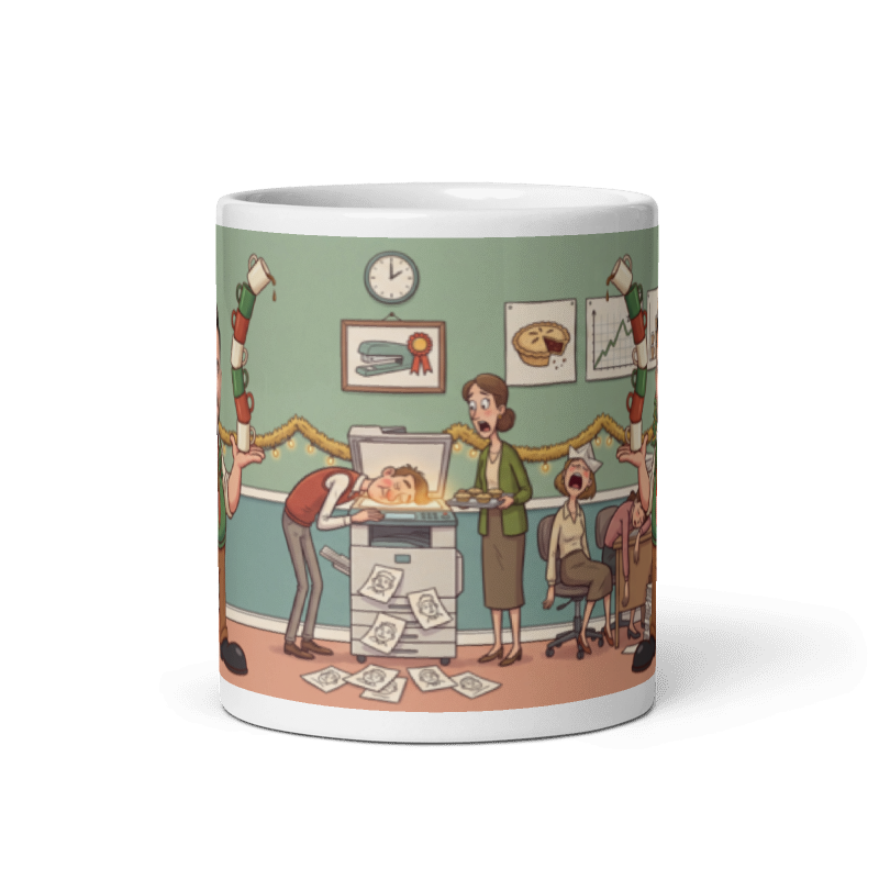 Back of the coworker mug for him showing the wraparound office party scene with a colleague face down on the photocopier
