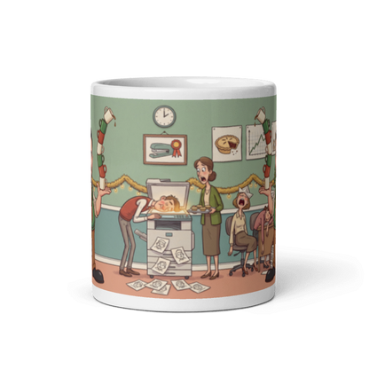 Back of the coworker mug for him showing the wraparound office party scene with a colleague face down on the photocopier