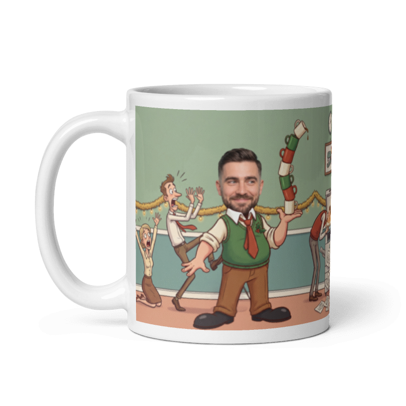 The same personalized coworker Christmas mug for him with the handle on the left, the face still showing