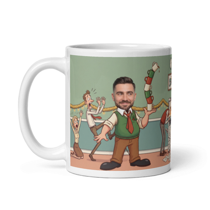 The same personalized coworker Christmas mug for him with the handle on the left, the face still showing