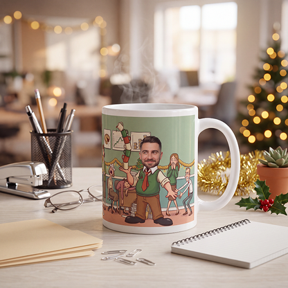 Personalized Secret Santa gift for a male coworker steaming on an office desk with holly, a pen jar and a notepad