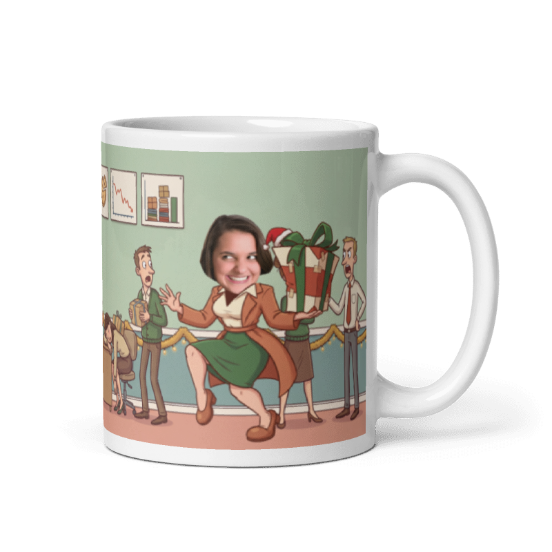 Secret Santa gifts photo mug with the handle on the right, a real face on the coworker sneaking off with the presents