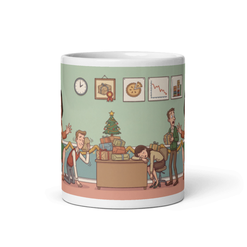 Back of the Secret Santa mug showing the wraparound office scene with a lit desk tree, a wall clock and a colleague asleep at his desk