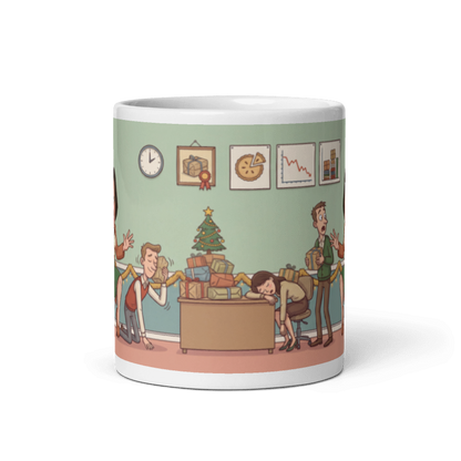 Back of the Secret Santa mug showing the wraparound office scene with a lit desk tree, a wall clock and a colleague asleep at his desk