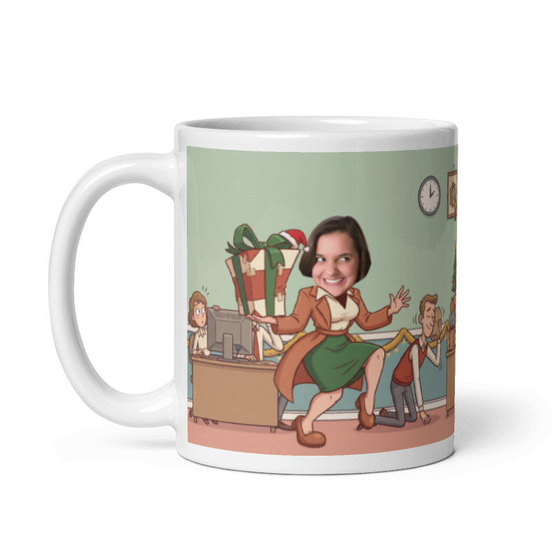 The same personalized Secret Santa gifts mug with the handle on the left, the face still showing