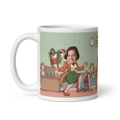 The same personalized Secret Santa gifts mug with the handle on the left, the face still showing