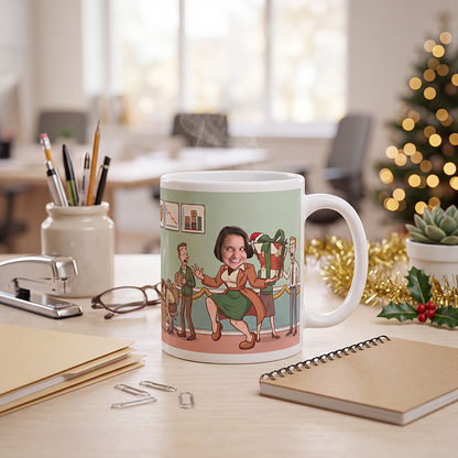 Personalized Secret Santa gifts mug steaming on an office desk with glasses, a notepad and a Christmas tree behind