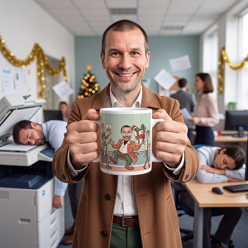 Man in an office holding a personalized Secret Santa gifts mug for him showing a coworker caught making off with the presents