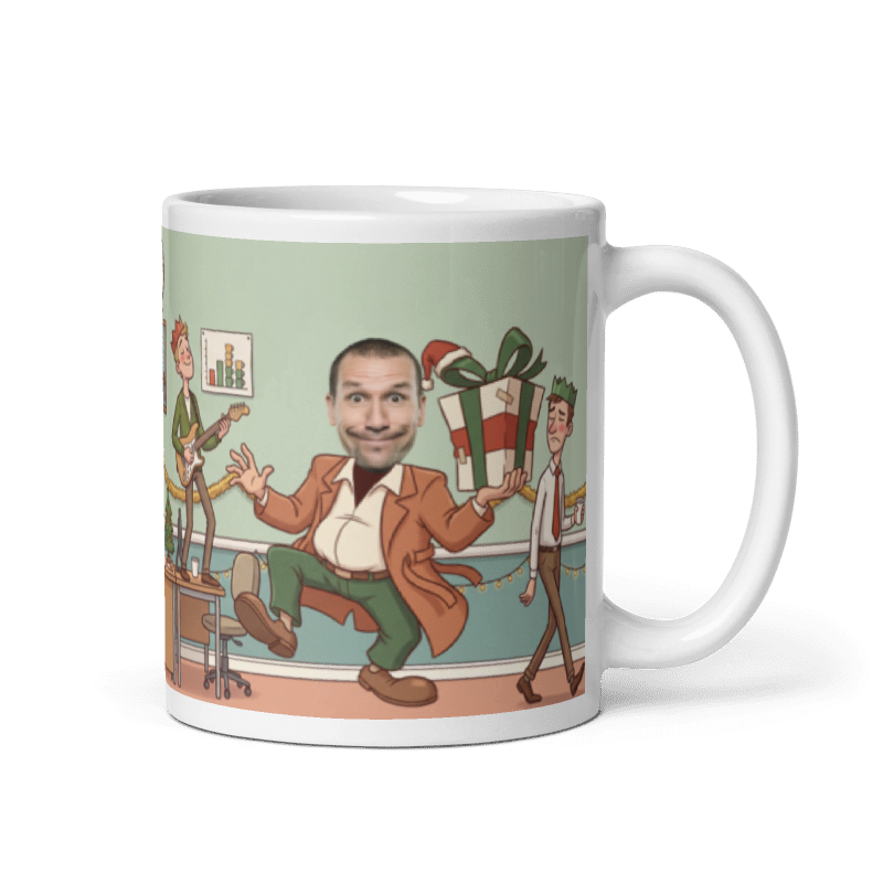 Secret Santa gifts for him photo mug with the handle on the right, a real face on the coworker sneaking off with the presents