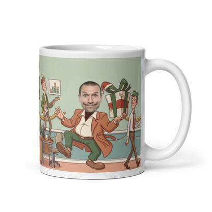 Secret Santa gifts for him photo mug with the handle on the right, a real face on the coworker sneaking off with the presents