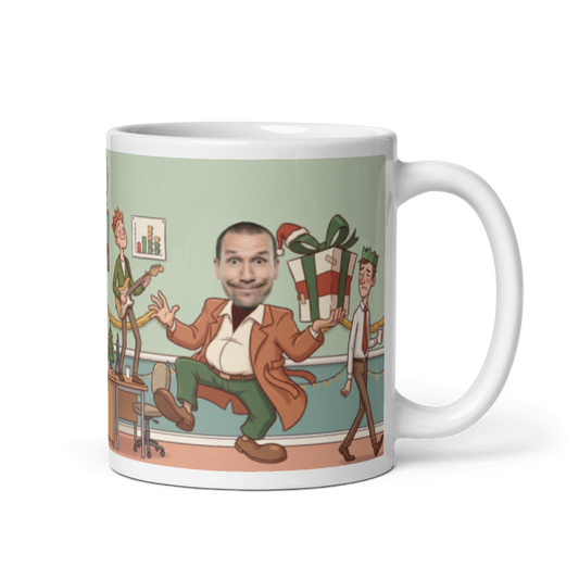 Secret Santa gifts for him photo mug with the handle on the right, a real face on the coworker sneaking off with the presents