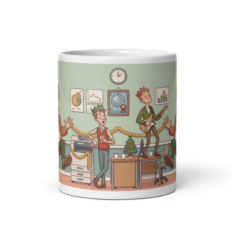 Back of the Secret Santa mug for him showing the wraparound office scene with tinsel, a desk tree and colleagues still working