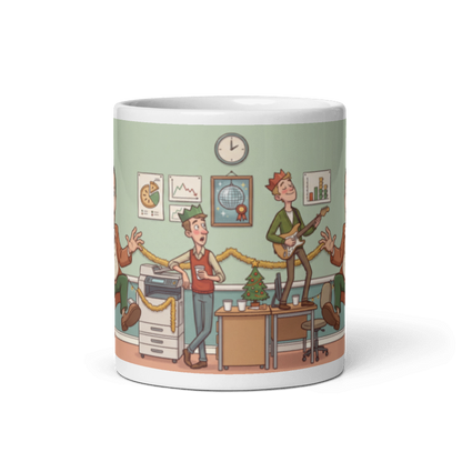 Back of the Secret Santa mug for him showing the wraparound office scene with tinsel, a desk tree and colleagues still working