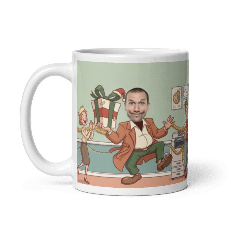 The same personalized Secret Santa gifts mug for him with the handle on the left, the face still showing