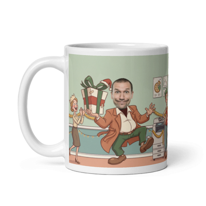 The same personalized Secret Santa gifts mug for him with the handle on the left, the face still showing