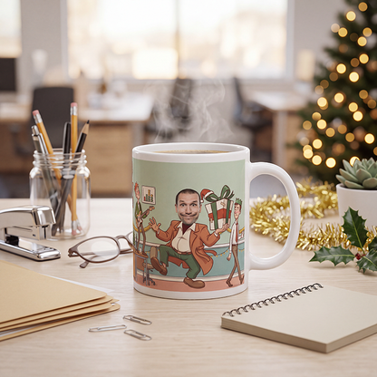 Personalized Secret Santa gift for him steaming on an office desk with tinsel, holly and a notepad