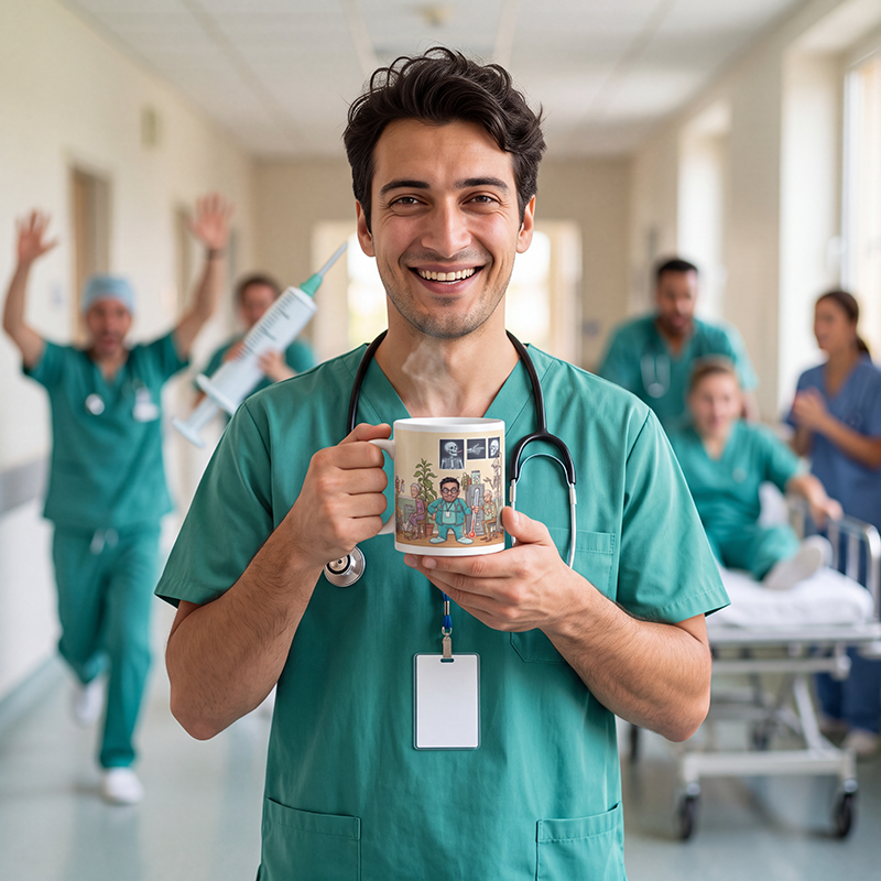 Doctor in teal scrubs holding the personalized doctor photo mug in a busy hospital corridor