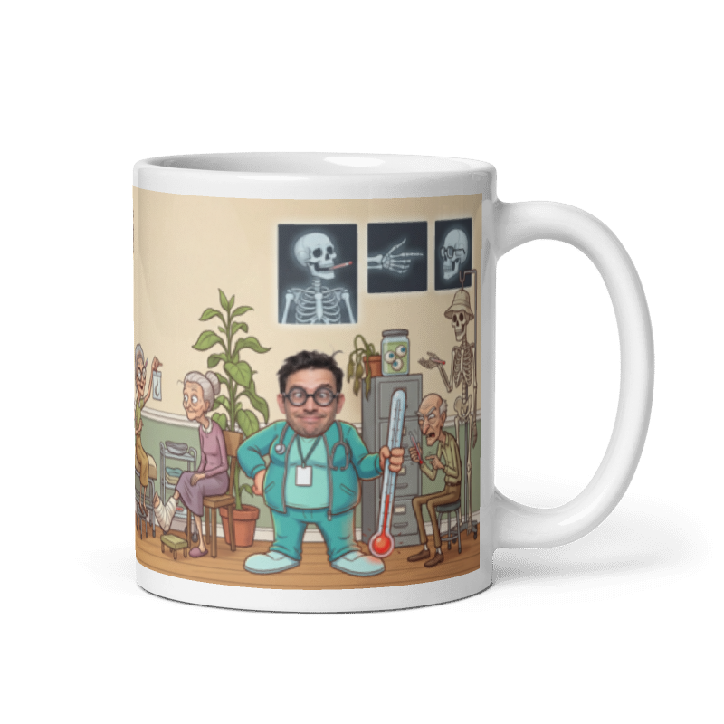 Doctor photo mug with the handle on the right, a real face printed on the cartoon doctor holding a giant thermometer