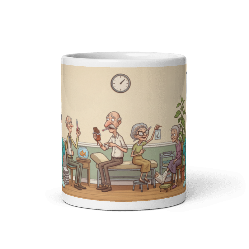 Back of the doctor mug showing the wraparound waiting room scene with patients holding up their own thermometers