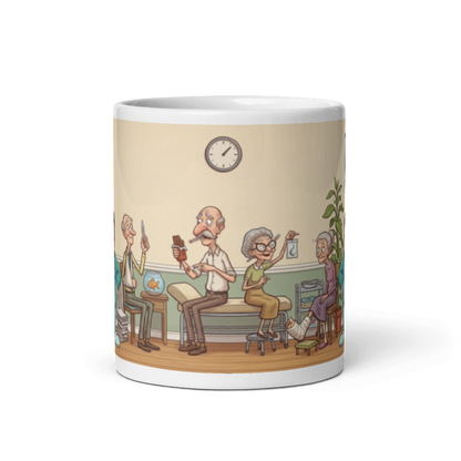 Back of the doctor mug showing the wraparound waiting room scene with patients holding up their own thermometers