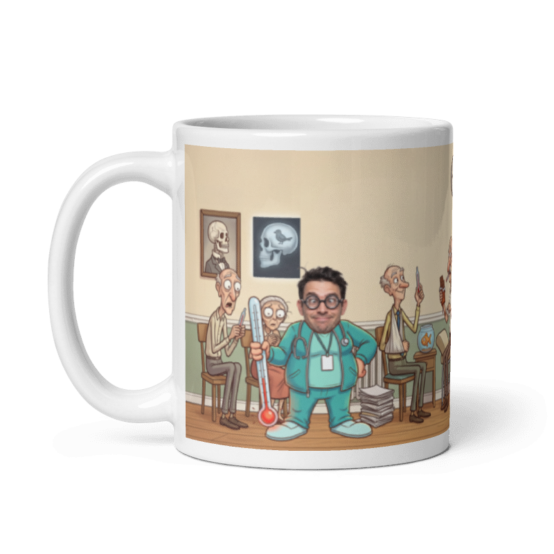 The same doctor mug with the handle on the left, the face still showing on the doctor