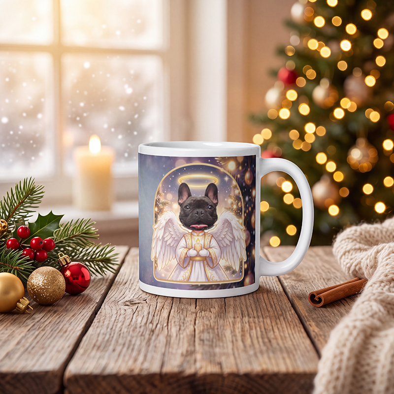 Personalized dog angel mug with a dog's face, on a wooden table with a lit Christmas tree and a frosted window behind