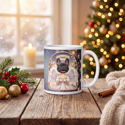 Personalized dog angel mug with a dog's face, on a wooden table with a lit Christmas tree and a frosted window behind