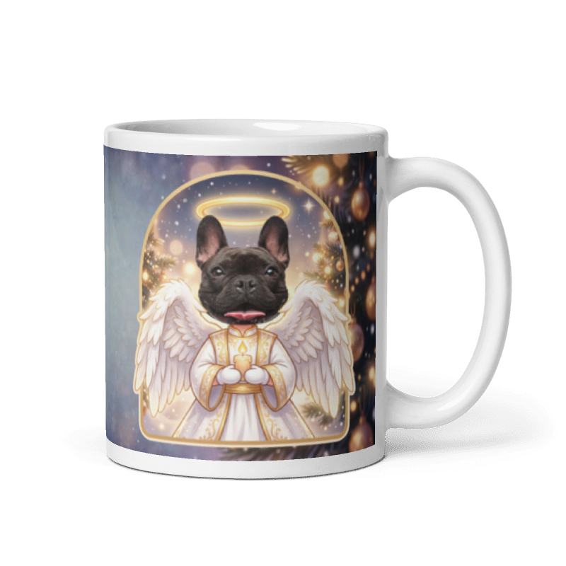 Dog angel photo mug with the handle on the right, the dog's face printed on the front