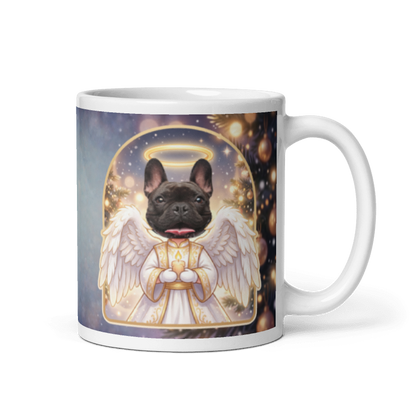 Dog angel photo mug with the handle on the right, the dog's face printed on the front